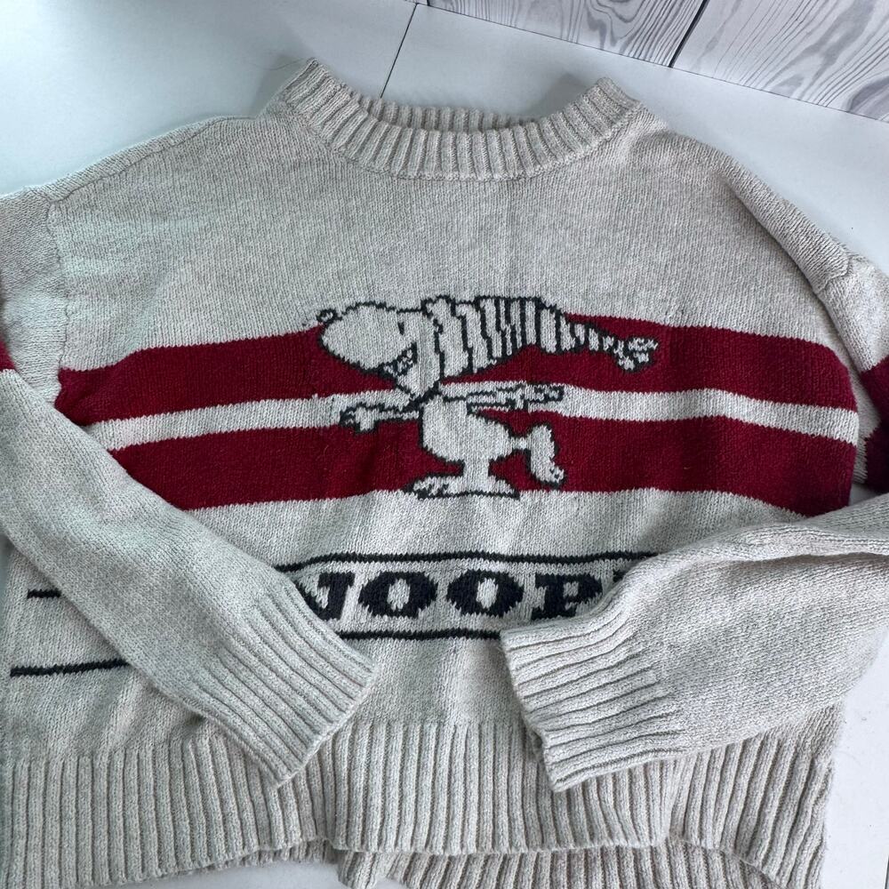 AE X Peanuts Sweater Women's XS Cream Snoopy Striped Crewneck Knit Pullover